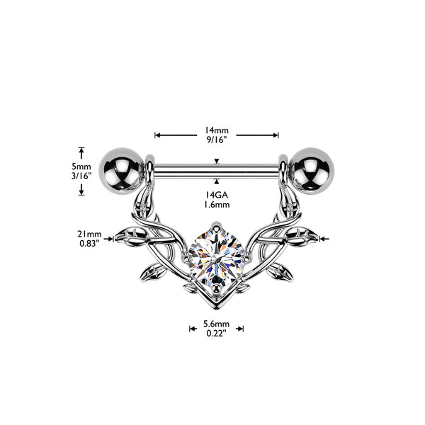316L Nipple Barbell With Large Prong Set CZ Vine Dangle