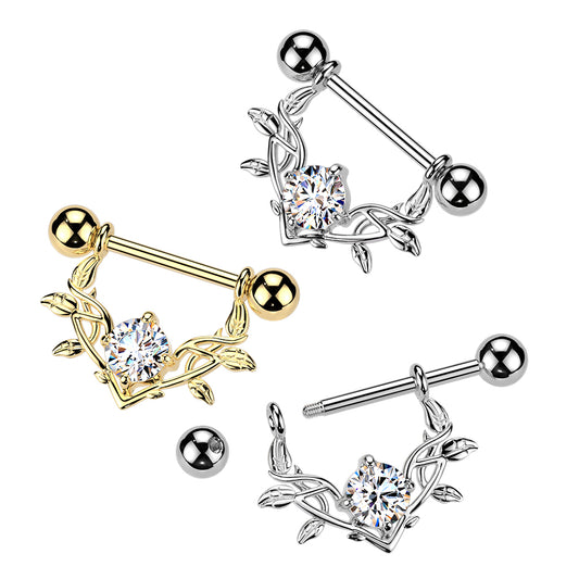 316L Nipple Barbell With Large Prong Set CZ Vine Dangle