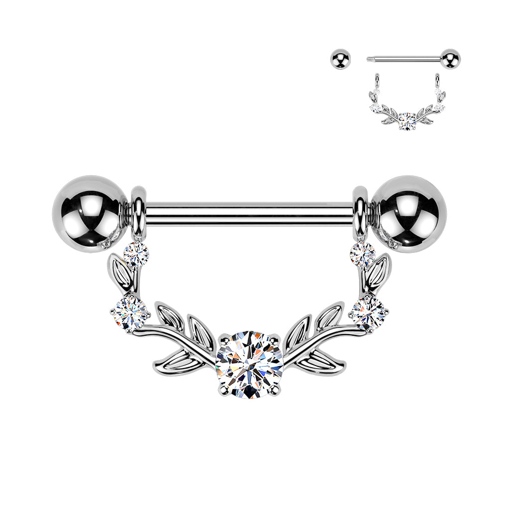 316L Nipple Barbell With Multi Prong Set CZ Vine Dangle