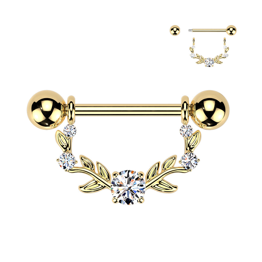 316L Nipple Barbell With Multi Prong Set CZ Vine Dangle