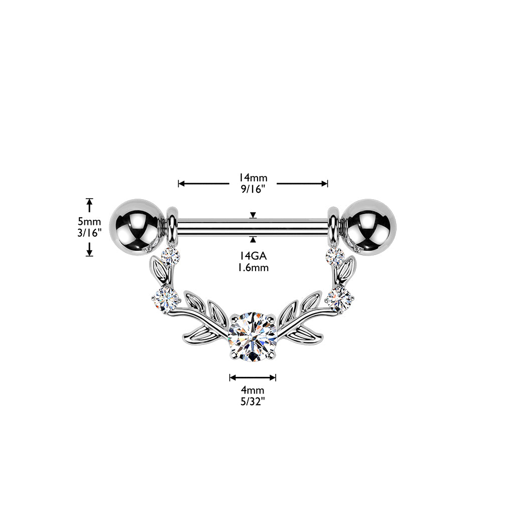 316L Nipple Barbell With Multi Prong Set CZ Vine Dangle