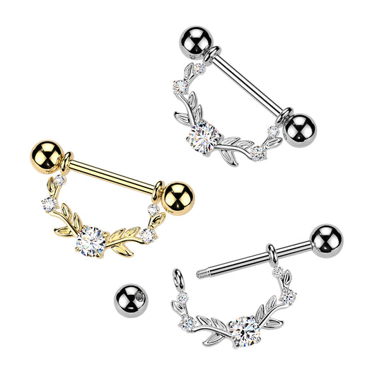 316L Nipple Barbell With Multi Prong Set CZ Vine Dangle