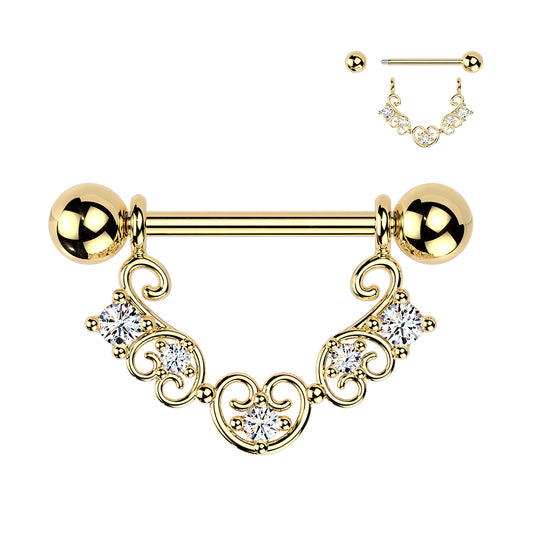 316L Nipple Barbell With Heart Filigree & Multi Prong Set CZ Dangle