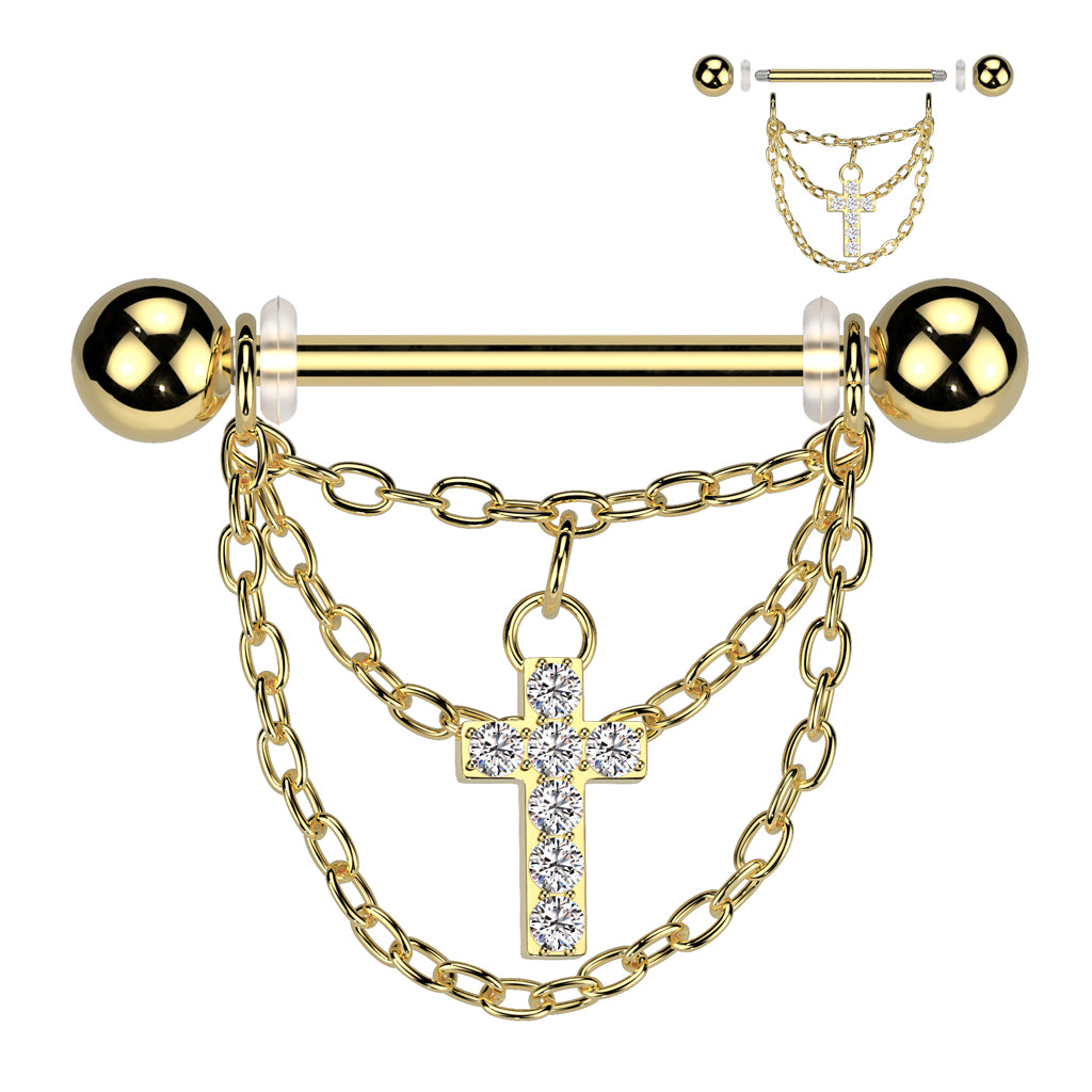 316L Surgical Steel Nipple Barbell With Triple Chain and CZ Pave Cross Dangle