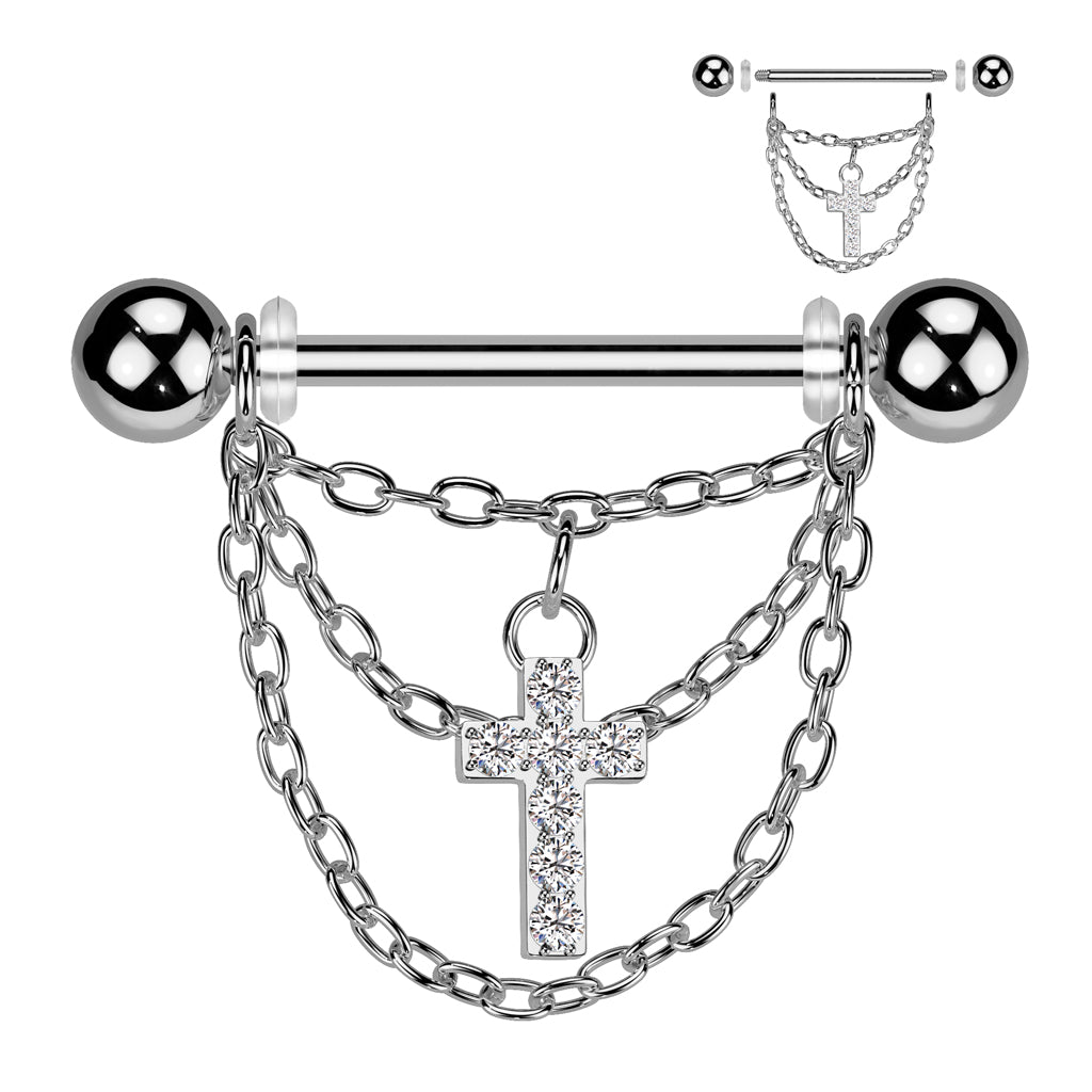316L Surgical Steel Nipple Barbell With Triple Chain and CZ Pave Cross Dangle
