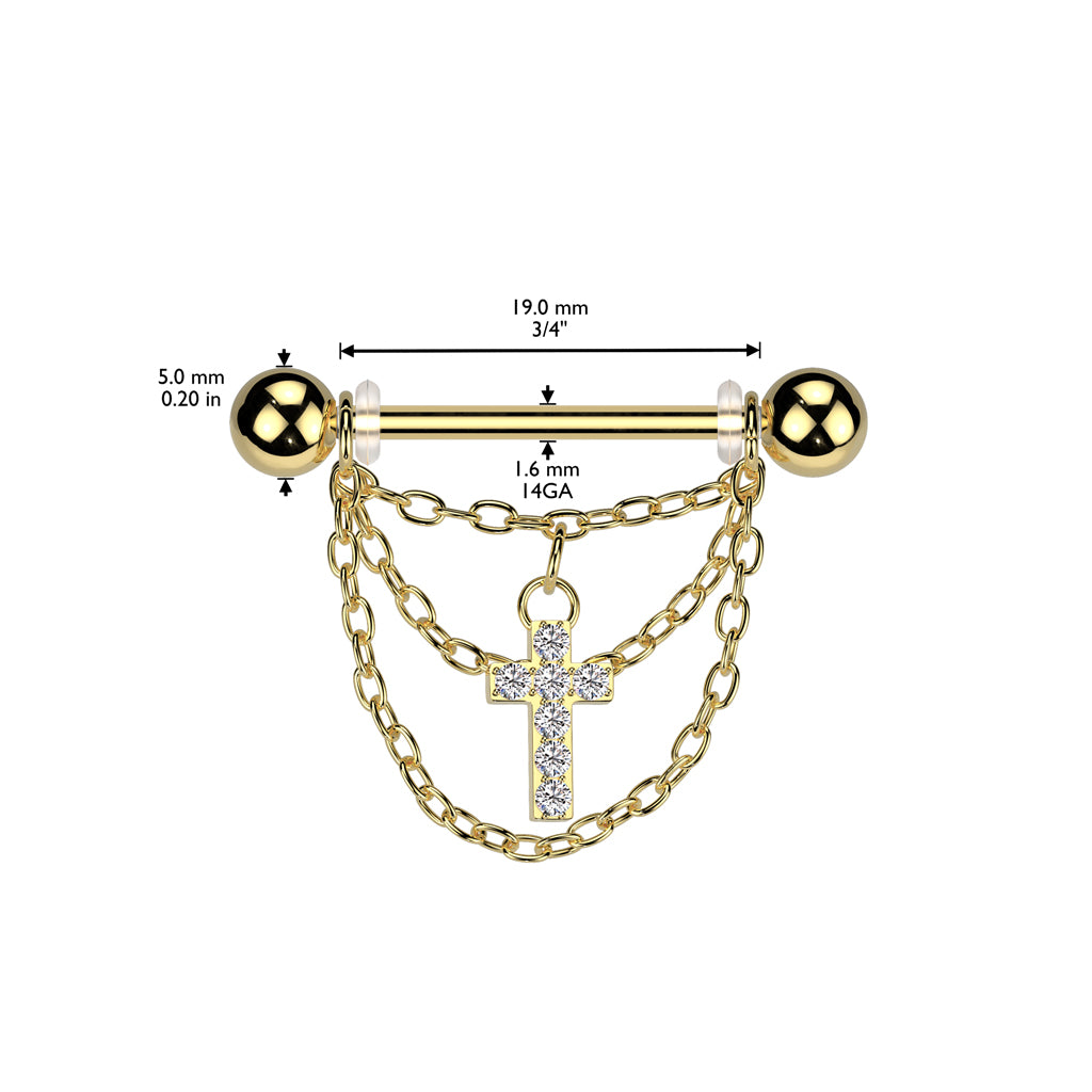 316L Surgical Steel Nipple Barbell With Triple Chain and CZ Pave Cross Dangle