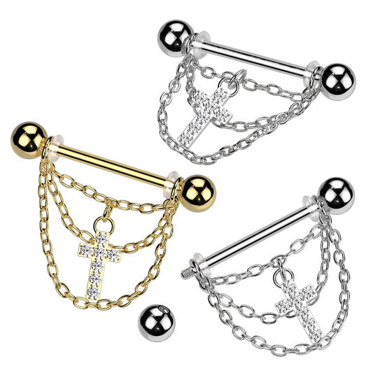 316L Surgical Steel Nipple Barbell With Triple Chain and CZ Pave Cross Dangle