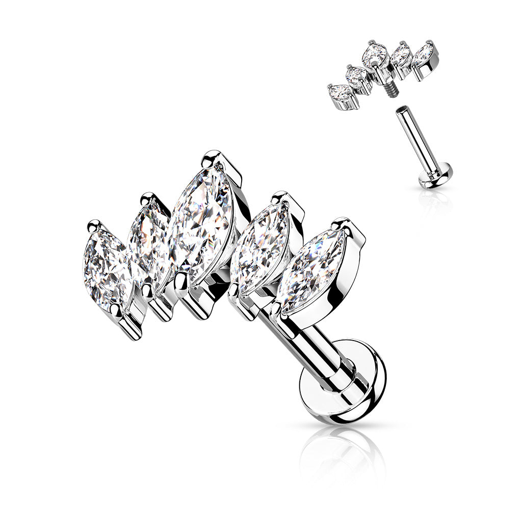 5 Marquise CZ Fan Set Top With Internally Threaded 316L Surgical Steel Labret - Pic&Mix The Body Jewellery Shop