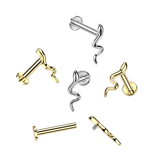 316L Internally Threaded Flat Back Labret With Slithering Snake