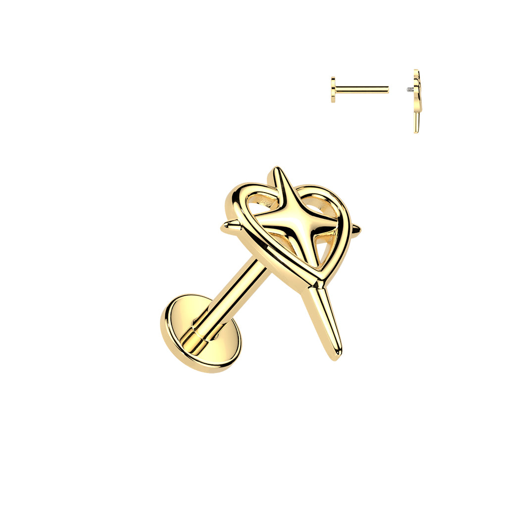 316L Internally Threaded Flat Back Labret With Heart & Cross Labret