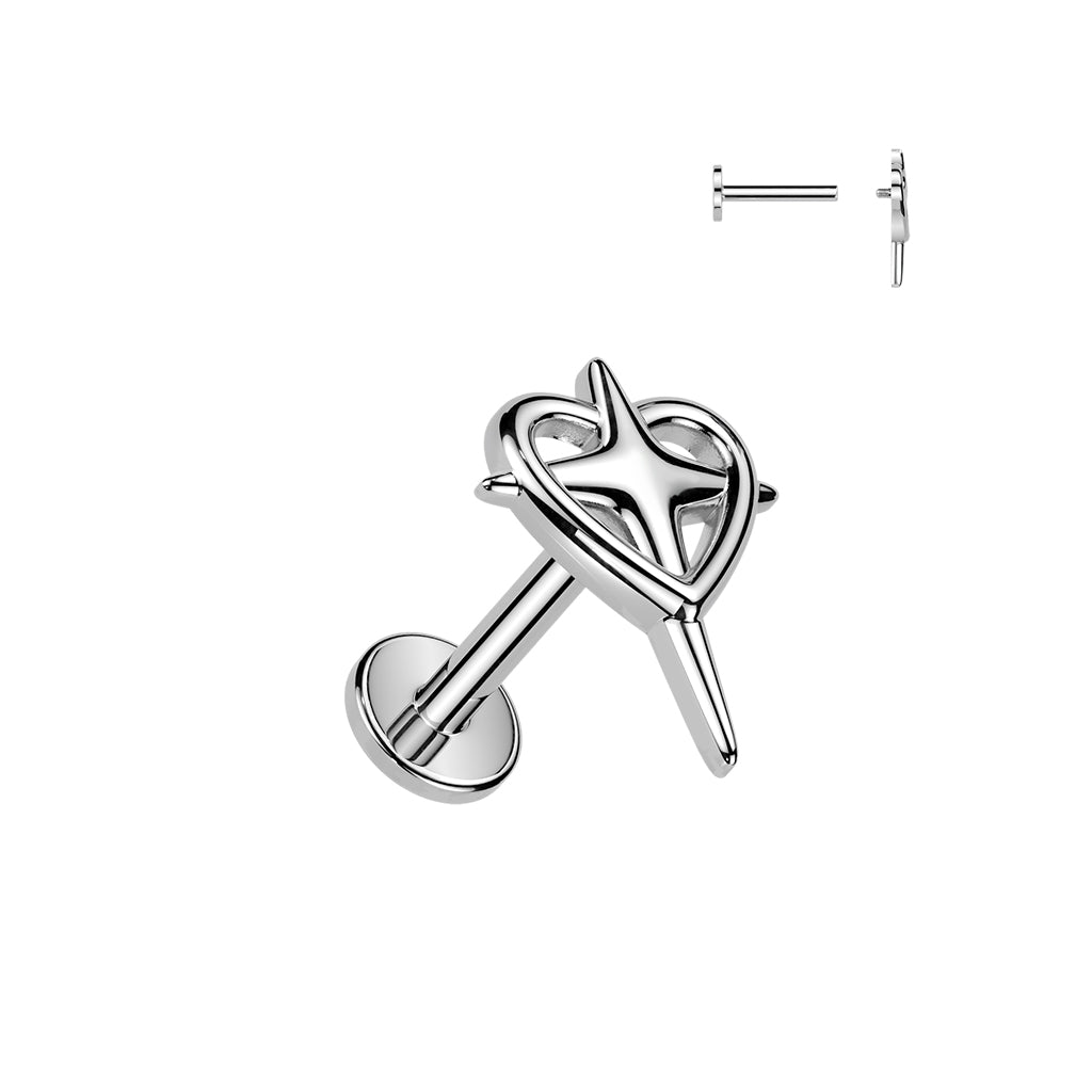 316L Internally Threaded Flat Back Labret With Heart & Cross Labret