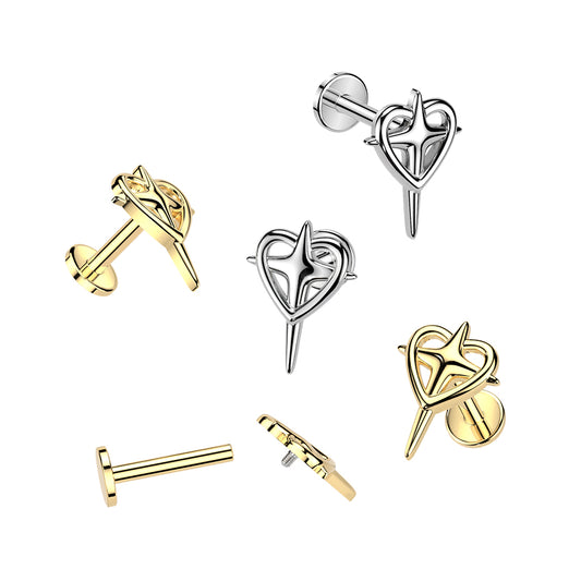 316L Internally Threaded Flat Back Labret With Heart & Cross Labret