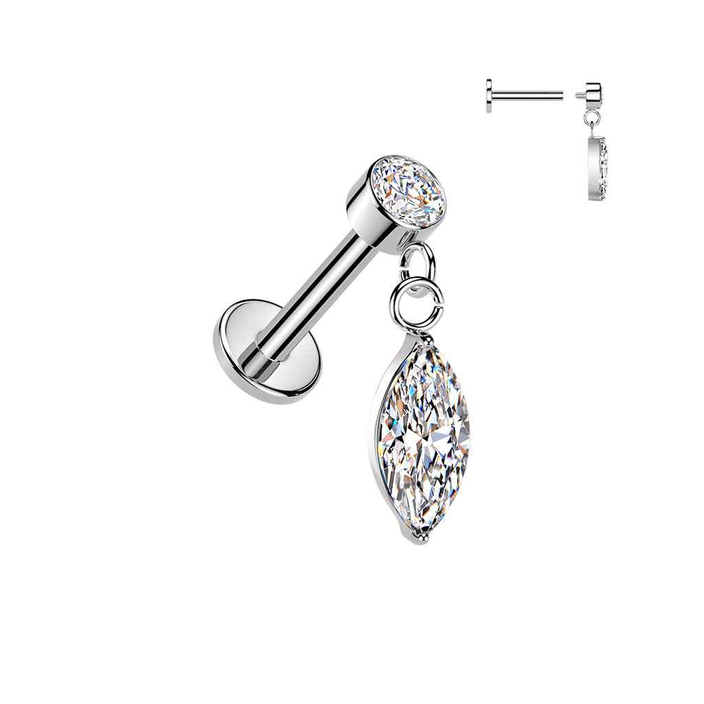 316L Internally Threaded Flat Back Labret With Bezel Set CZ & Marquise CZ Dangle