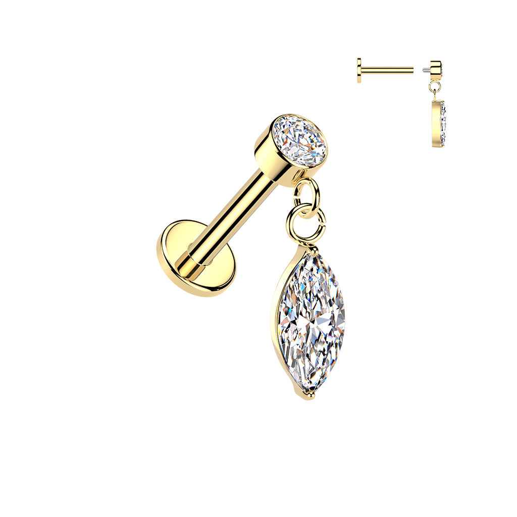 316L Internally Threaded Flat Back Labret With Bezel Set CZ & Marquise CZ Dangle