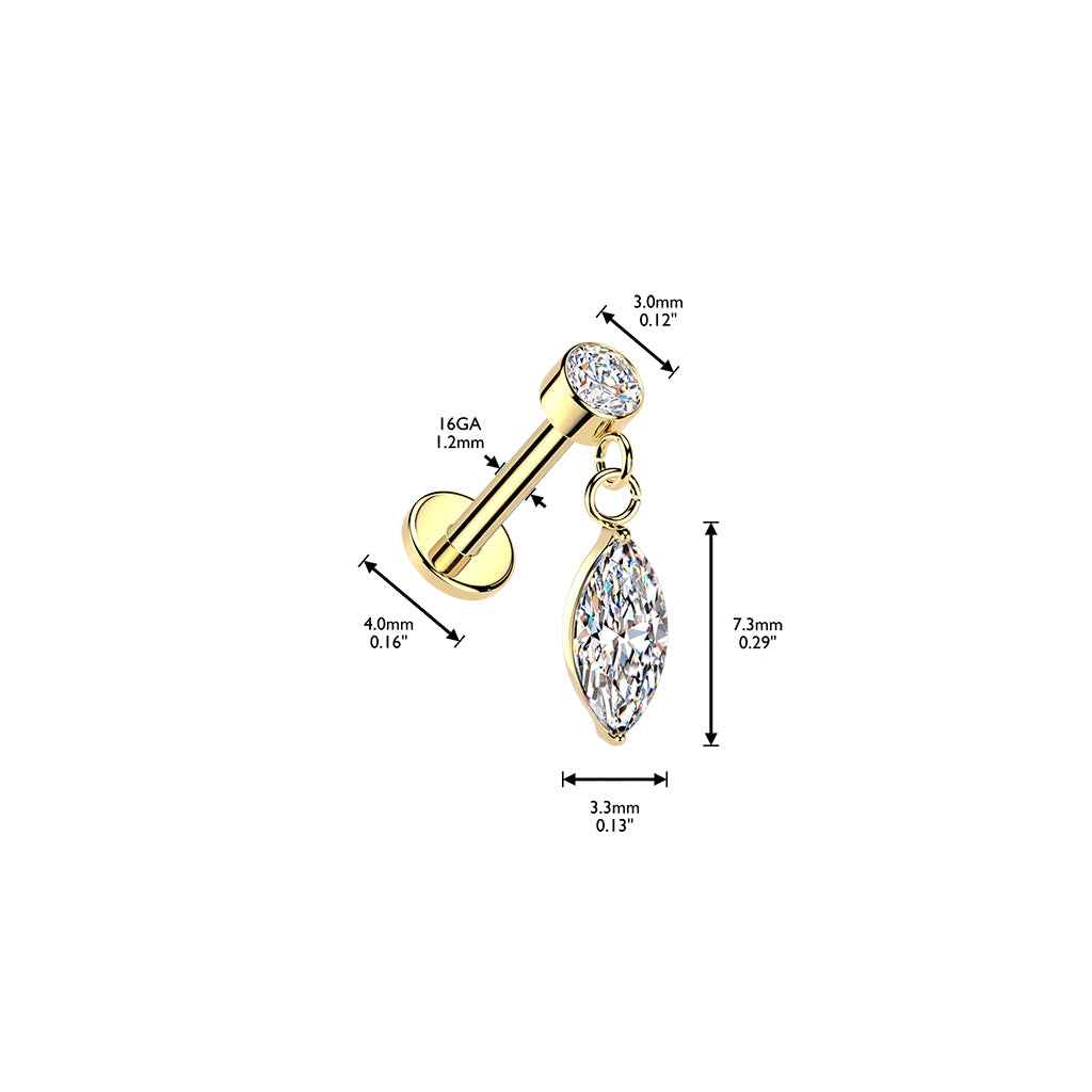 316L Internally Threaded Flat Back Labret With Bezel Set CZ & Marquise CZ Dangle