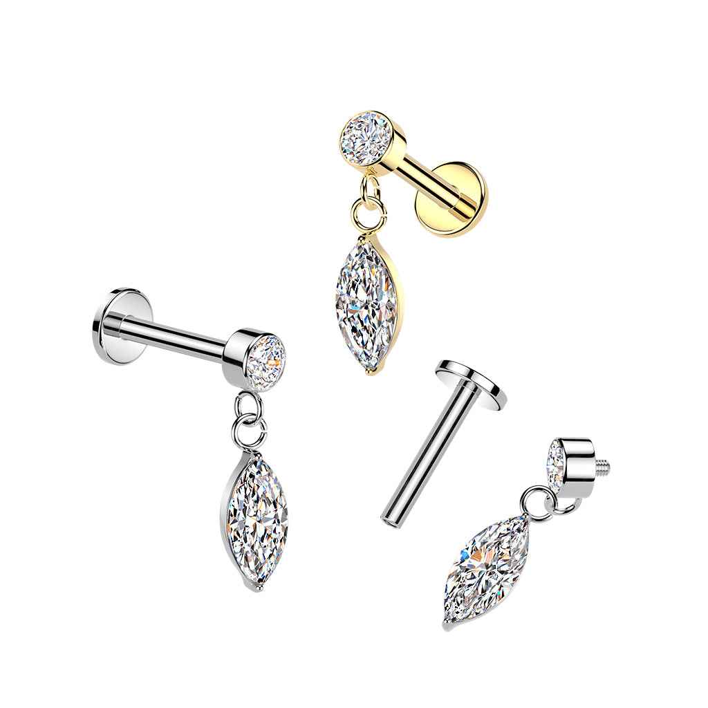 316L Internally Threaded Flat Back Labret With Bezel Set CZ & Marquise CZ Dangle