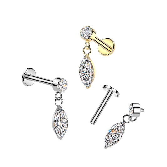 316L Internally Threaded Flat Back Labret With Bezel Set CZ & Marquise CZ Dangle