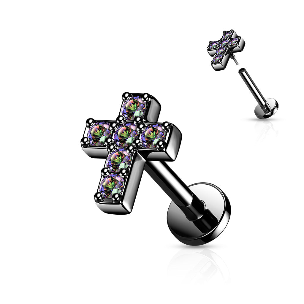 6 CZ Cross Top With Internally Threaded All 316L Surgical Steel Labret - Pic&Mix The Body Jewellery Shop