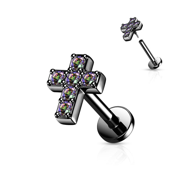 6 CZ Cross Top With Internally Threaded All 316L Surgical Steel Labret