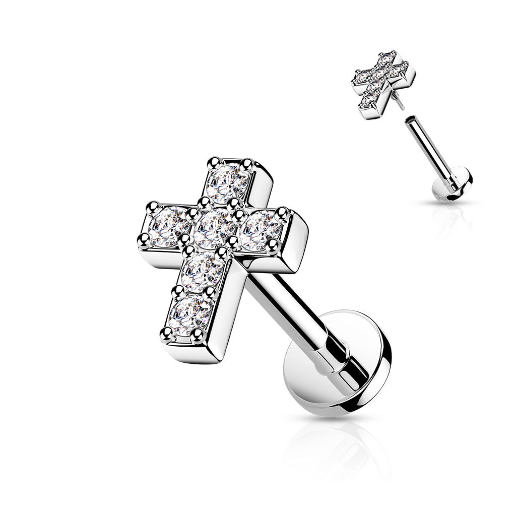 6 CZ Cross Top With Internally Threaded All 316L Surgical Steel Labret - Pic&Mix The Body Jewellery Shop
