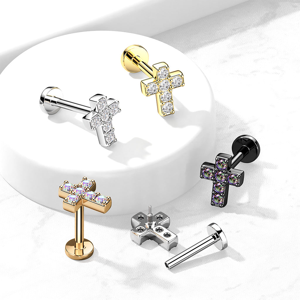 6 CZ Cross Top With Internally Threaded All 316L Surgical Steel Labret
