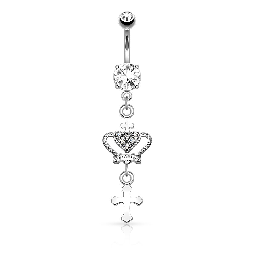 316L Surgical Steel Heart CZ Crown With Cross Dangle Belly Button Ring - Pic&Mix The Body Jewellery Shop