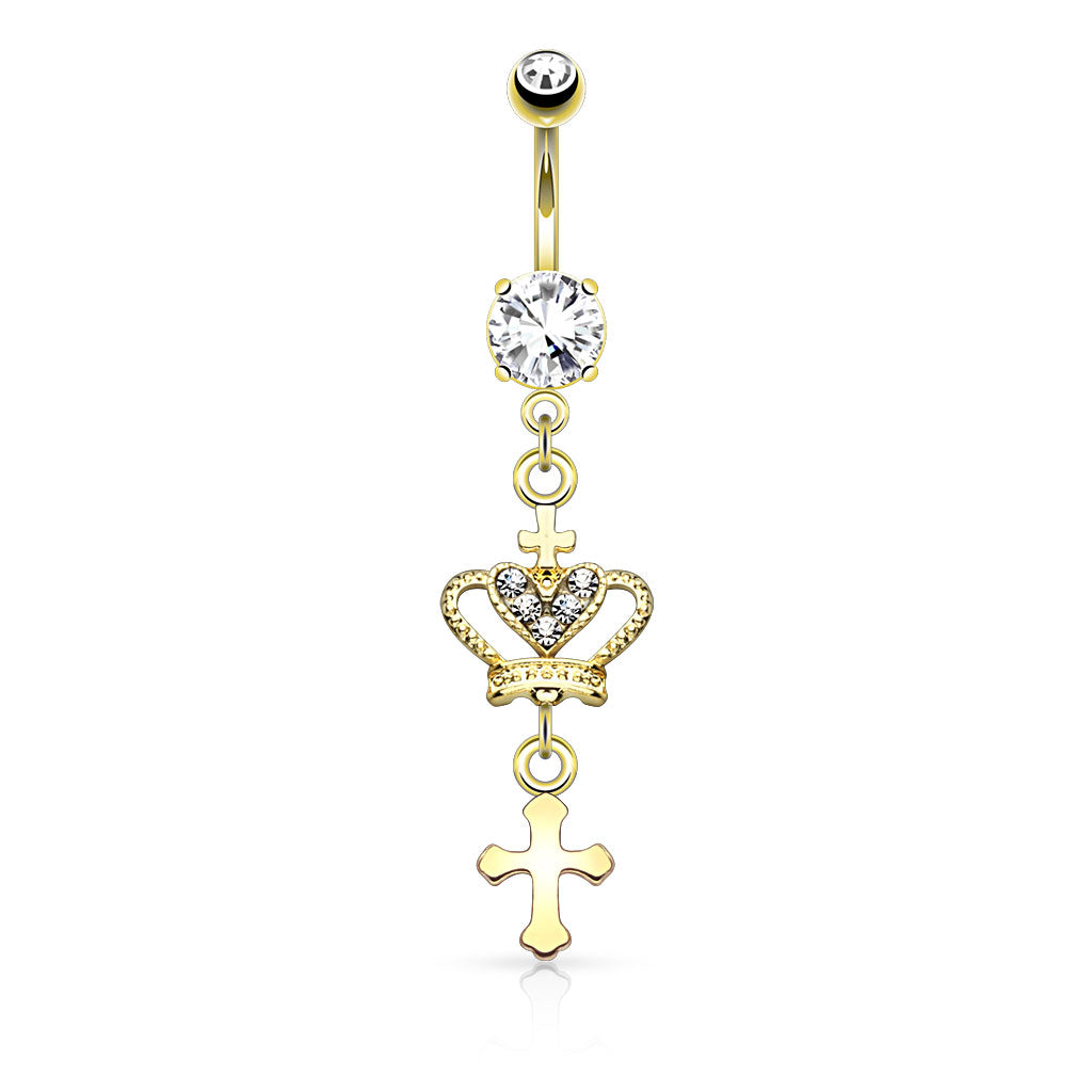 316L Surgical Steel Heart CZ Crown With Cross Dangle Belly Button Ring - Pic&Mix The Body Jewellery Shop
