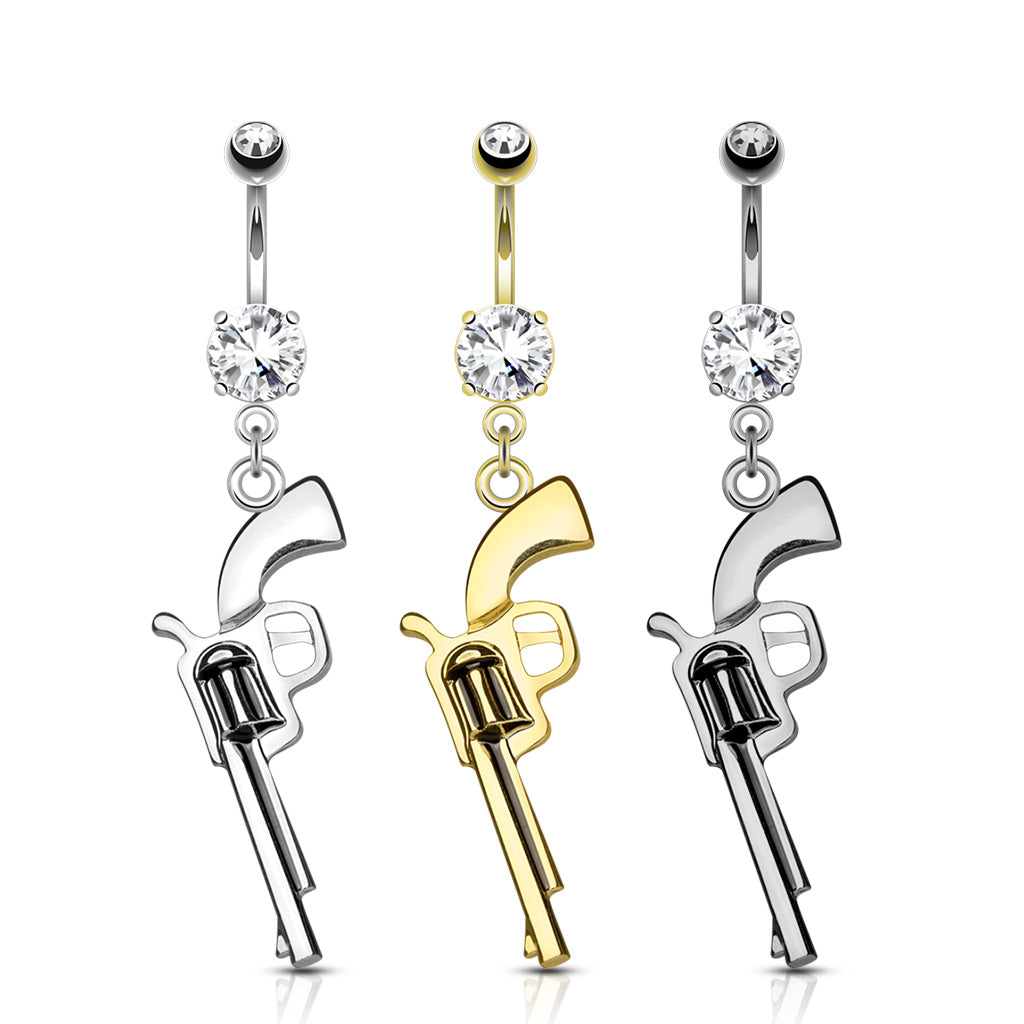 316L Surgical Steel Gun Dangle CZ Prong Set Belly Button Ring