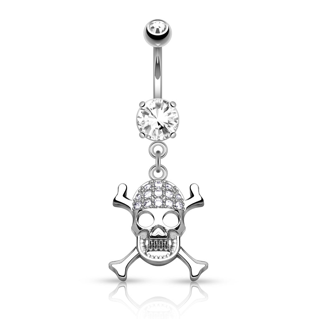316L Surgical Steel Skull/Cross bones CZ Dangle Belly Button Ring - Pic&Mix The Body Jewellery Shop