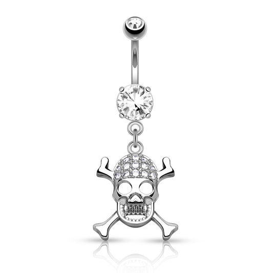 316L Surgical Steel Skull/Cross bones CZ Dangle Belly Button Ring - Pic&Mix The Body Jewellery Shop