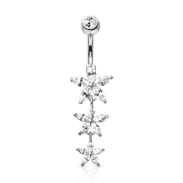 Triple Marquise CZ Flowers Dangle with Gemmed Navel Ring