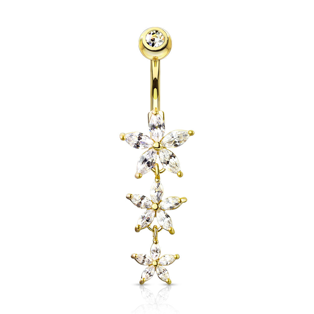 Triple Marquise CZ Flowers Dangle with Gemmed Navel Ring - Pic&Mix The Body Jewellery Shop