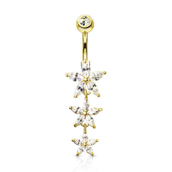 Triple Marquise CZ Flowers Dangle with Gemmed Navel Ring