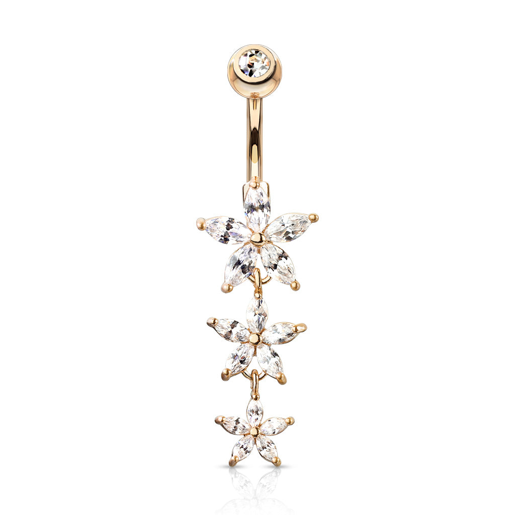 Triple Marquise CZ Flowers Dangle with Gemmed Navel Ring - Pic&Mix The Body Jewellery Shop