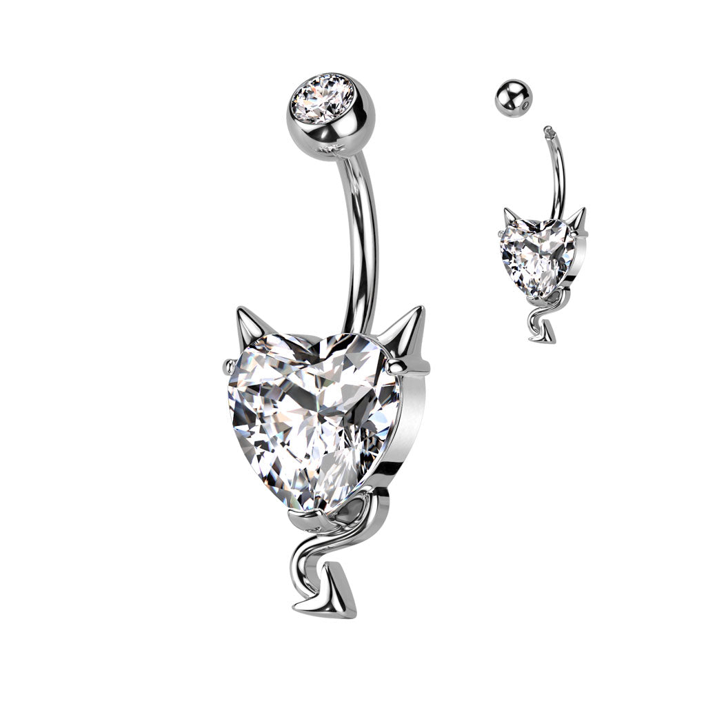 316L Surgical Steel CZ Heart With Devil Horns and Tail Belly Button Ring - Pic&Mix The Body Jewellery Shop