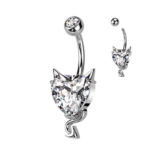 316L Surgical Steel CZ Heart With Devil Horns and Tail Belly Button Ring - Pic&Mix The Body Jewellery Shop