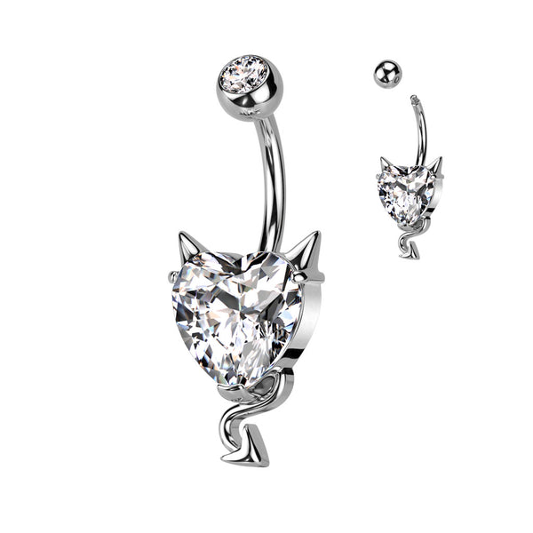316L Surgical Steel CZ Heart With Devil Horns and Tail Belly Button Ring