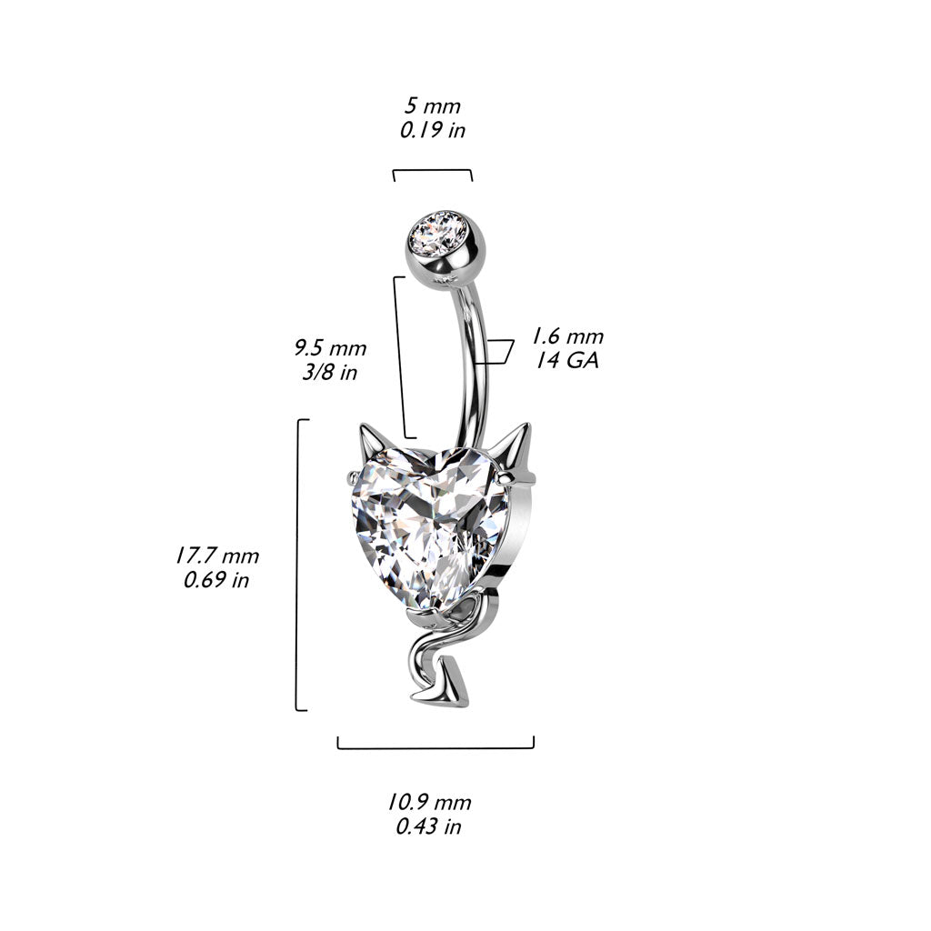 316L Surgical Steel CZ Heart With Devil Horns and Tail Belly Button Ring - Pic&Mix The Body Jewellery Shop