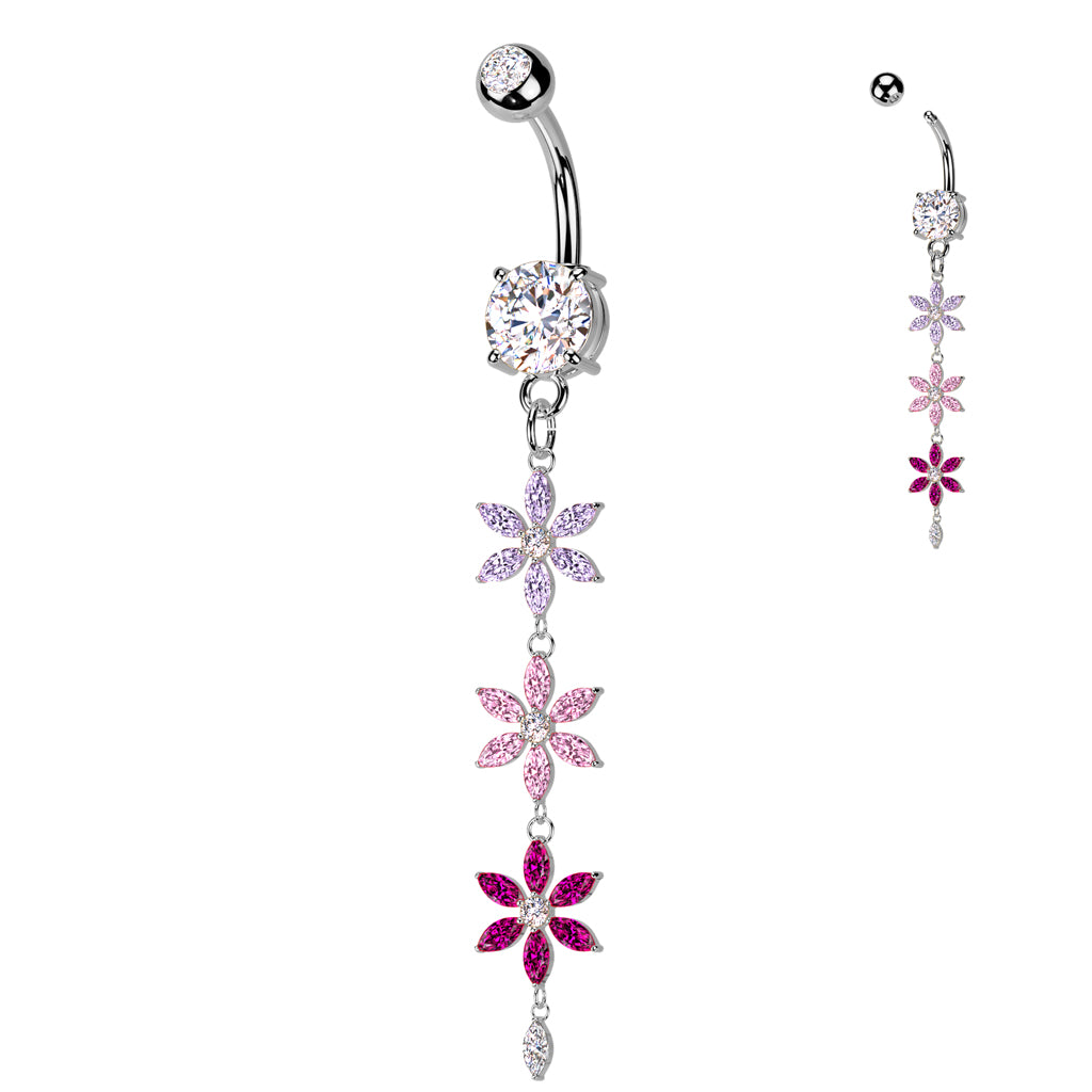 316L Surgical Steel Double Jeweled Belly Button Ring With Multicolored Triple CZ Flower Dangle - Pic&Mix The Body Jewellery Shop