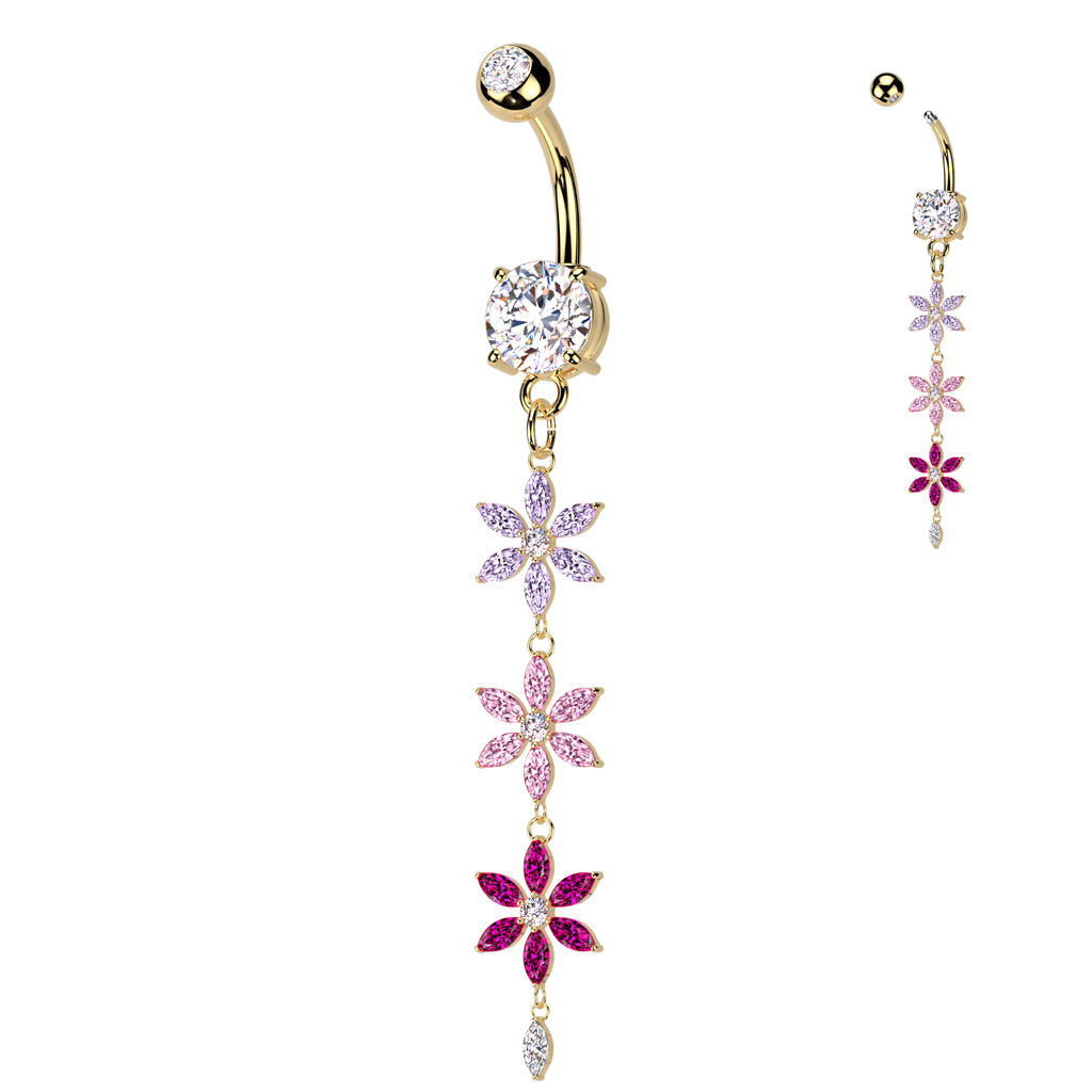 316L Surgical Steel Double Jeweled Belly Button Ring With Multicolored Triple CZ Flower Dangle - Pic&Mix The Body Jewellery Shop