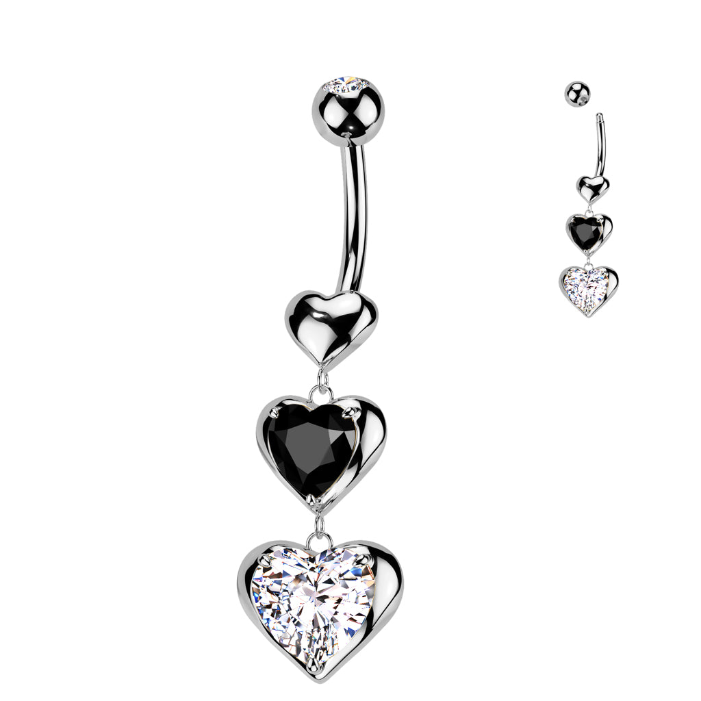 316L Surgical Steel Triple Heart Dangle Belly Button Navel Ring With Black and Clear CZ - Pic&Mix The Body Jewellery Shop