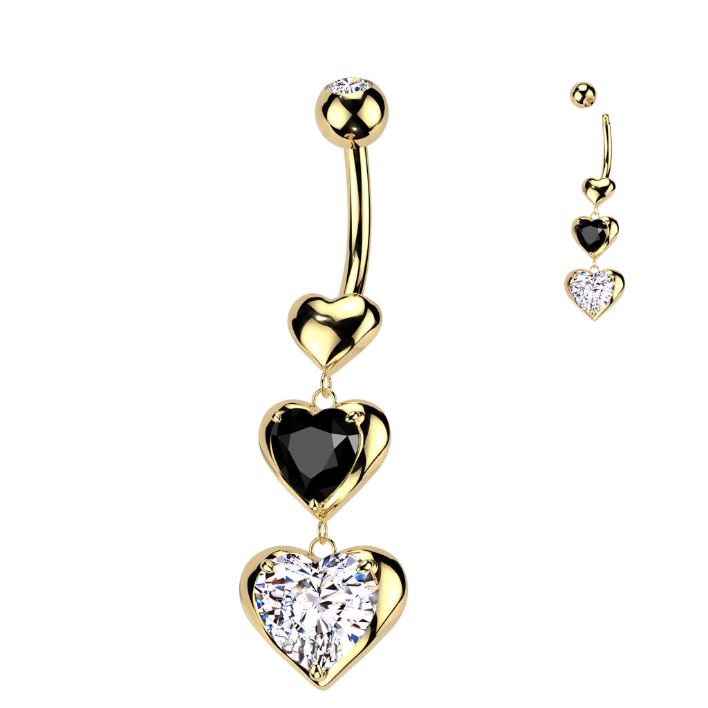 316L Surgical Steel Triple Heart Dangle Belly Button Navel Ring With Black and Clear CZ - Pic&Mix The Body Jewellery Shop
