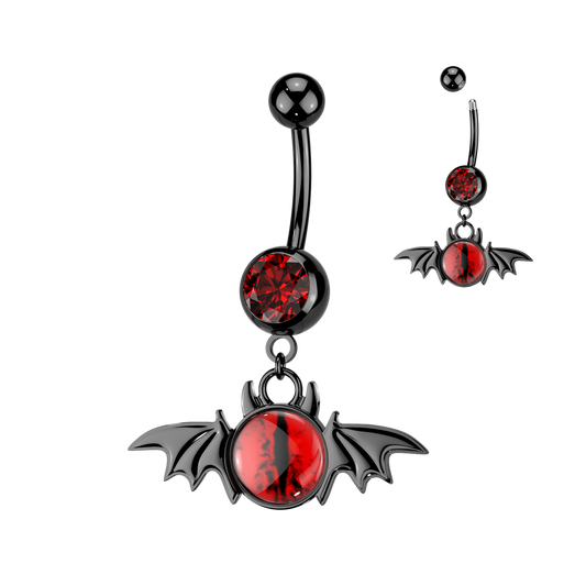 316L Single Jeweled Belly Button Ring With Bat Wings & Eyeball Dangle
