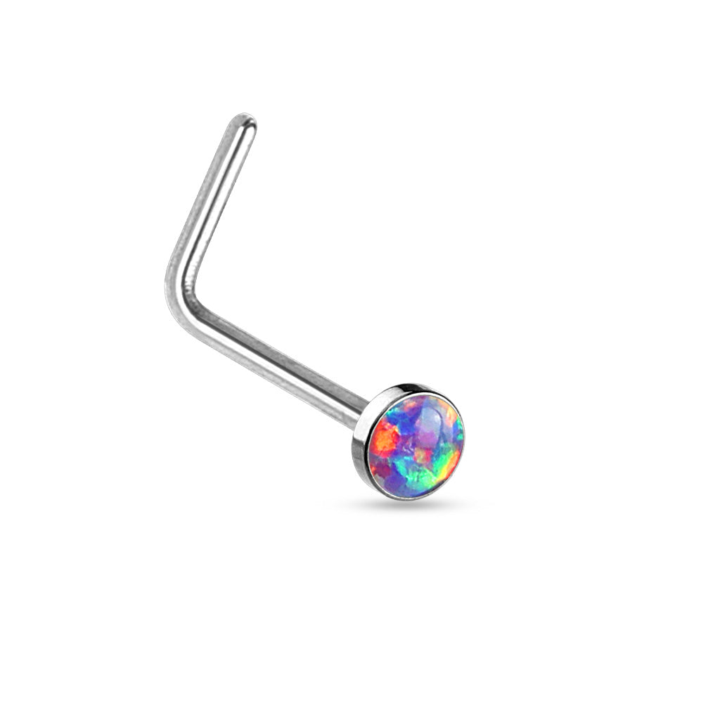 Opal Set Flat Top 316L Surgical Steel "L" bend Nose Stud Rings - Pic&Mix The Body Jewellery Shop
