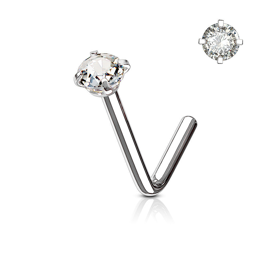 316L Surgical Stainless Steel "L" Bend Nose Stud – Clear CZ Prong Set Hypoallergenic Piercing Jewellery