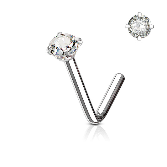 316L Surgical Stainless Steel "L" Bend Nose Stud – Clear CZ Prong Set Hypoallergenic Piercing Jewellery