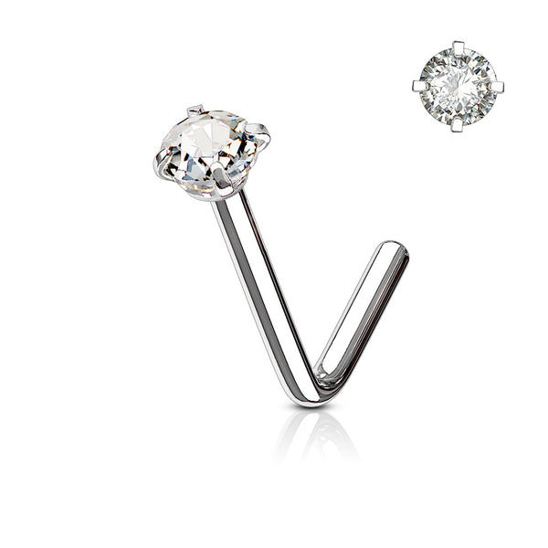 316L Surgical Stainless Steel "L" Bend Nose Stud – Clear CZ Prong Set Hypoallergenic Piercing Jewellery