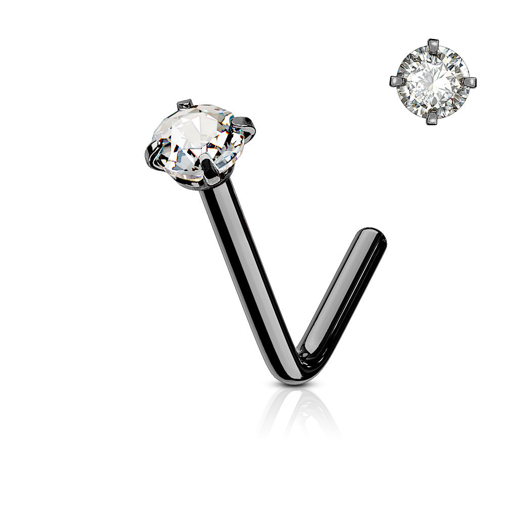 316L Surgical Stainless Steel "L" Bend Nose Stud – Clear CZ Prong Set Hypoallergenic Piercing Jewellery