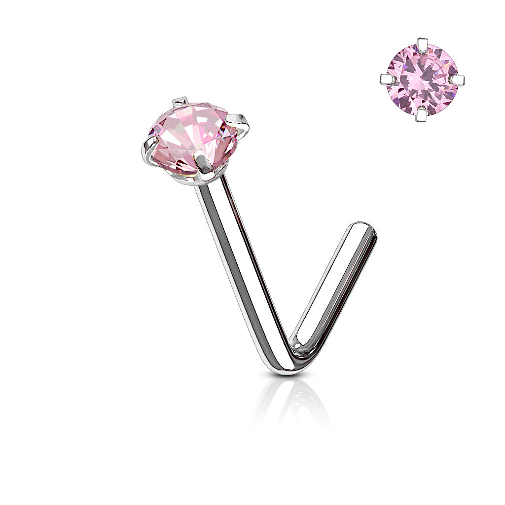 316L Surgical Stainless Steel "L" Bend Nose Stud – Clear CZ Prong Set Hypoallergenic Piercing Jewellery