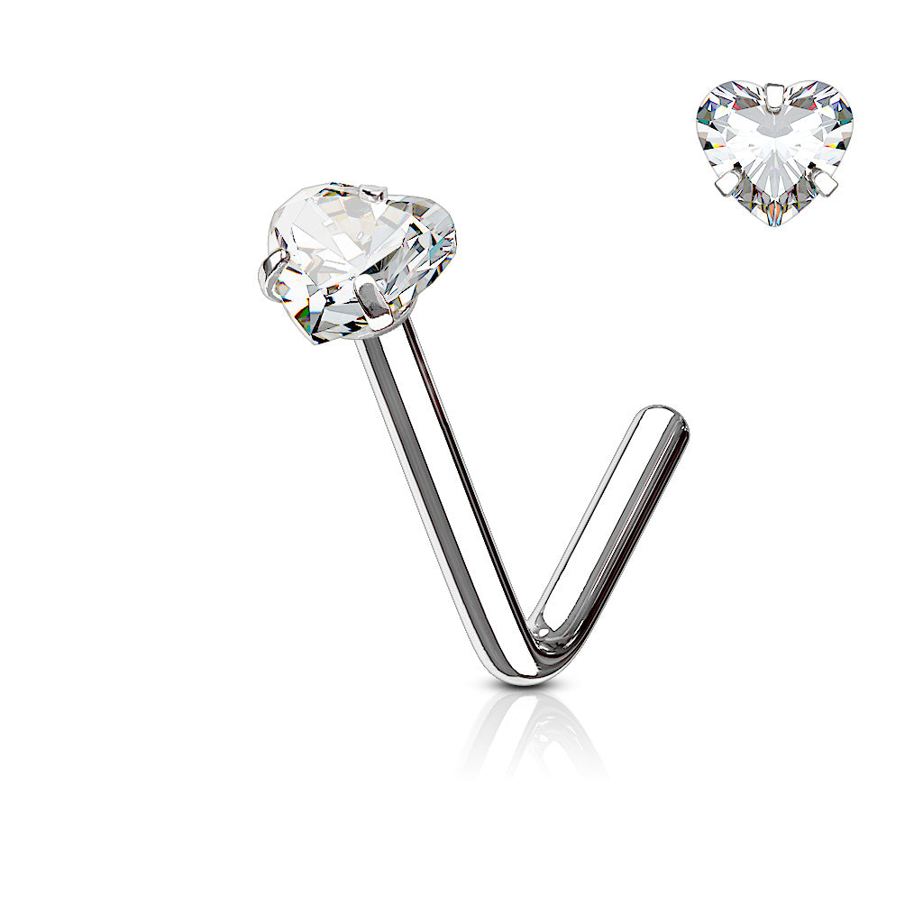 Steel Crystal Heart Claw set L Bend Nose Stud